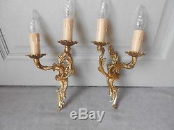 Pair Vintage French Bronze WALL LIGHT SCONCES w / scrolls