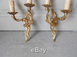 Pair Vintage French Bronze WALL LIGHT SCONCES w / scrolls