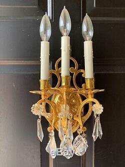 Pair Vintage French Colonial Crystal Brass 3 Light Wall Sconce Lamp
