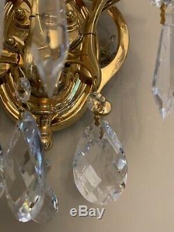 Pair Vintage French Colonial Crystal Brass 3 Light Wall Sconce Lamp