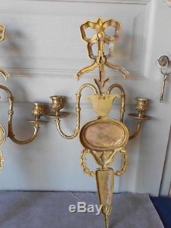 Pair Vintage French Gilt BRONZE WALL CANDLE SCONCES LOUIS XVI