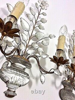 Pair Vintage French Maison Bagues Paris Wall Lamp Crystal Flower Signed 1950's