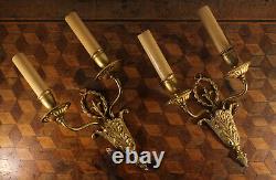 Pair Vintage French Rococo Gilt Brass Ormolu Wall Candle Light Lamps Sconces