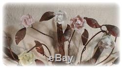 Pair Vintage French Tole Wall Large Sconces Porcelain Roses 2 Arm