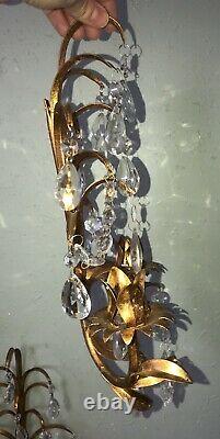 Pair Vintage Gold Gilt Italy Florentine & Crystal Wall Sconce Fixture
