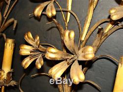Pair Vintage Gold Gilt Tole Electric Wall Sconces Floral Italian Florentine