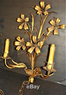 Pair Vintage Gold Gilt Tole Electric Wall Sconces Floral Italian Florentine
