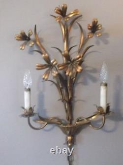 Pair Vintage Gold Painted Metal Floral 2 Light Electric Light Wall Sconces