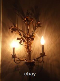 Pair Vintage Gold Painted Metal Floral 2 Light Electric Light Wall Sconces