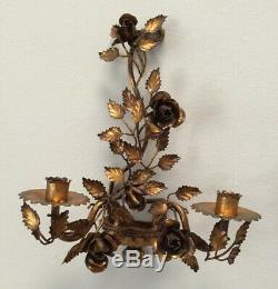 Pair Vintage Italian Gilt Gold Roses 2 Light Tole Metal Wall Sconces