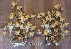 Pair Vintage Italian Gilt Gold Tole Flower Candle Wall Sconces Fixture Free ship