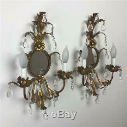 Pair Vintage Italian Rococo Gilded Tole Crystal Wall 2-Lights Girandoles Sconces