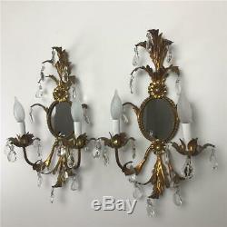 Pair Vintage Italian Rococo Gilded Tole Crystal Wall 2-Lights Girandoles Sconces