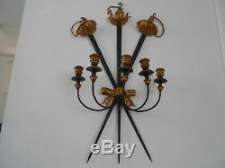 Pair Vintage Italian Tole Gilt Wall Sconces Candle Holders Hollywood Regency