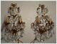 Pair Vintage Mid Century Italian Gilt Tole & Crystal Light Petite Wall Sconces