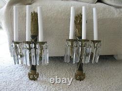 Pair Vintage Neoclassical Brass Wall Sconces Three arm electric candelabras