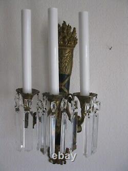 Pair Vintage Neoclassical Brass Wall Sconces Three arm electric candelabras