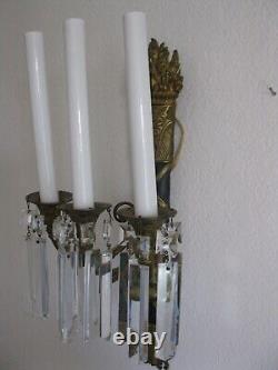 Pair Vintage Neoclassical Brass Wall Sconces Three arm electric candelabras