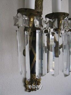 Pair Vintage Neoclassical Brass Wall Sconces Three arm electric candelabras