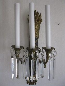 Pair Vintage Neoclassical Brass Wall Sconces Three arm electric candelabras