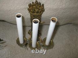 Pair Vintage Neoclassical Brass Wall Sconces Three arm electric candelabras