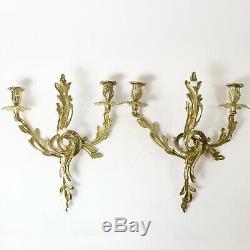 Pair Vintage Ornate Brass Rococo Style Wall Mount Candle Holder Sconce 16