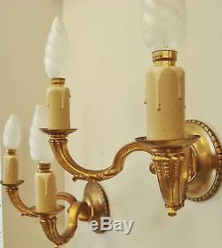 Pair Vintage Sconces Bronze Wall Lights French Chateau Style Appliques Anciennes