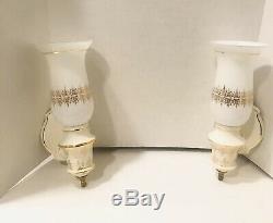 Pair Vintage White Gold Electric Light Wall Sconces with Shades Hollywood Regency