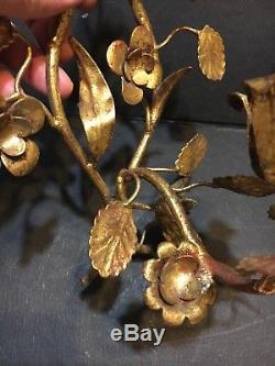 Pair Vtg Antique Tole Floral Gilt Branch Wall Hanging Light Candle Sconces Gold
