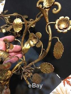 Pair Vtg Antique Tole Floral Gilt Branch Wall Hanging Light Candle Sconces Gold