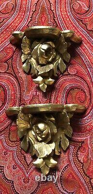 Pair Vtg Carved Wood Wall Sconce Shelf Italian Gold Hollywood Regency MCM Italy