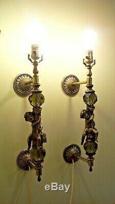 Pair Vtg. Electric Italian Wall Sconces Brass Cherubs & Faceted Amber Glass