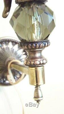 Pair Vtg. Electric Italian Wall Sconces Brass Cherubs & Faceted Amber Glass