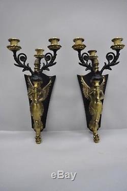 Pair Vtg French Empire Style Figural Winged Maiden Brass Wall Sconces Candelabra