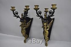 Pair Vtg French Empire Style Figural Winged Maiden Brass Wall Sconces Candelabra