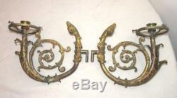 Pair antique 1800's Victorian ornate dore bronze wall candle holder sconce arms