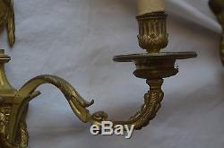 Pair antique French Louis XVI style 19th century bronze coated wall sconces