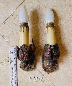 Pair antique Italian wall sconces solid bronze, two bulbs, 2 black/gold shades