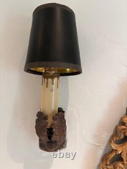 Pair antique Italian wall sconces solid bronze, two bulbs, 2 black/gold shades