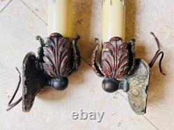 Pair antique Italian wall sconces solid bronze, two bulbs, 2 black/gold shades