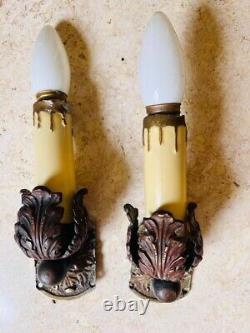 Pair antique Italian wall sconces solid bronze, two bulbs, 2 black/gold shades