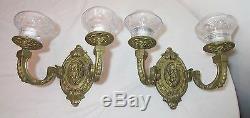 Pair antique gilt brass ornate figural cut crystal Bacchus wall sconce fixtures
