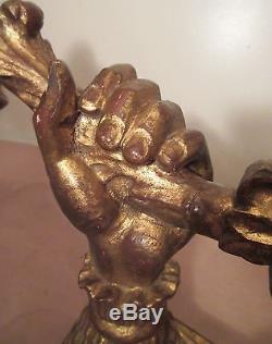 Pair antique hand carved figural gilt wood wall fixture candle holder sconces