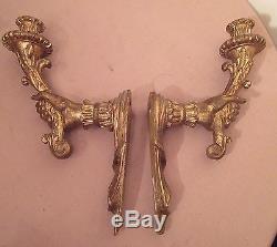 Pair antique hand carved figural gilt wood wall fixture candle holder sconces