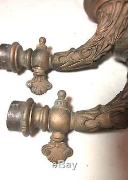 Pair antique ornate 1800's Victorian gilt bronze gas wall sconce fixture brass