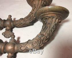 Pair antique ornate 1800's Victorian gilt bronze gas wall sconce fixture brass