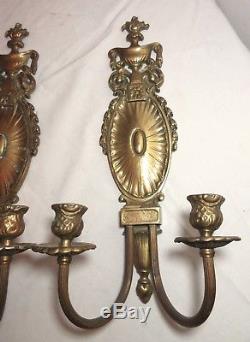 Pair antique ornate Empire style gilt brass candle holder wall sconces fixtures