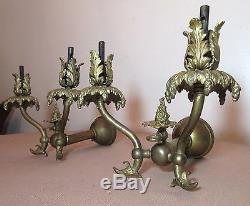 Pair antique ornate Victorian 1800's gilt bronze brass gas wall sconces fixtures