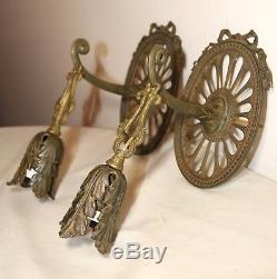 Pair antique ornate brass bronze single arm electric wall hanging fixture sconce