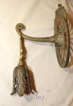 Pair antique ornate brass bronze single arm electric wall hanging fixture sconce